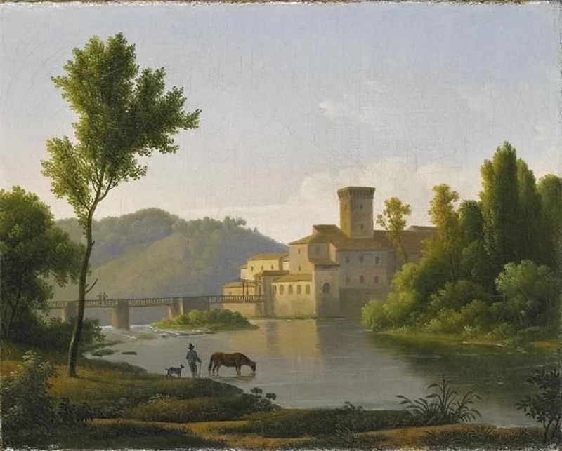 Alexandre Hyacinthe Dunouy - paesaggio classico con cavallo che beve